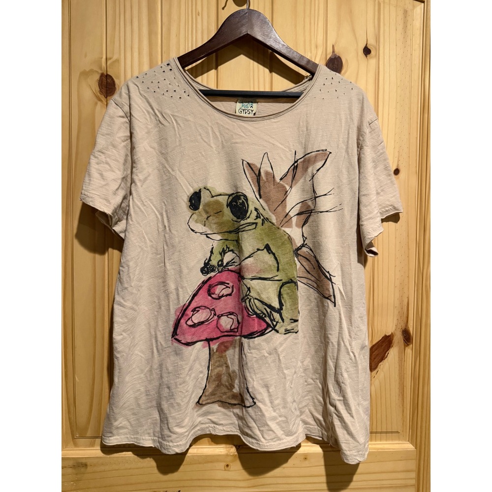 Jaded Gypsy Moon Dance Tee Frog Mushroom Graphic Distressed Beige L/XL